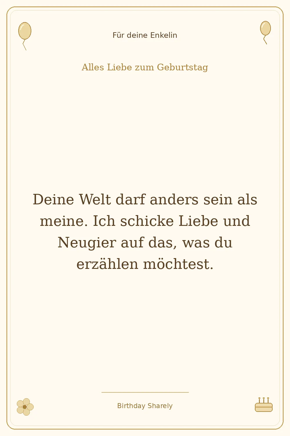 Goldene Grußillustration für deine Enkelin: Deine Welt darf anders sein als meine. Ich schicke Liebe und Neugier auf das, was du erzählen möchtest.