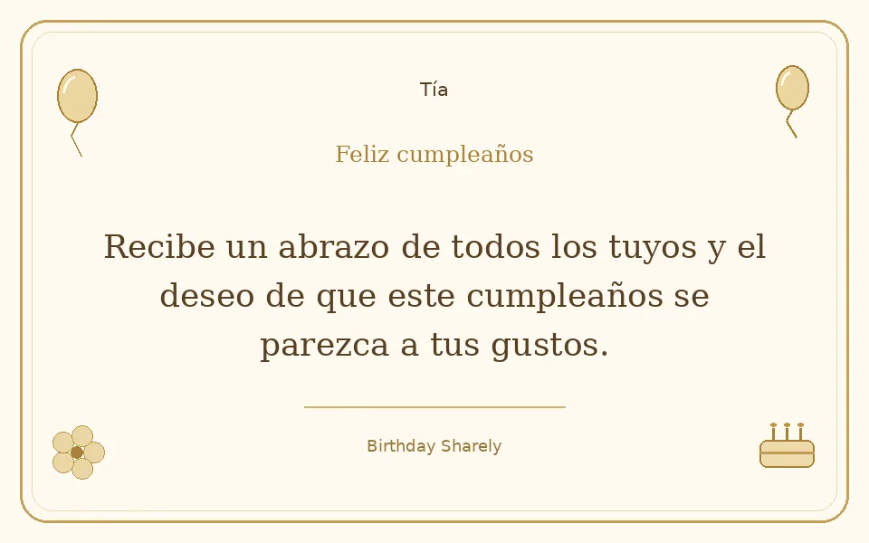 Tarjeta dorada — Tía: Recibe un abrazo de todos los tuyos y el deseo de que este cumpleaños se parezca a tus gustos.