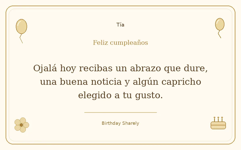 Tarjeta dorada — Tía: Ojalá hoy recibas un abrazo que dure, una buena noticia y algún capricho elegido a tu gusto.
