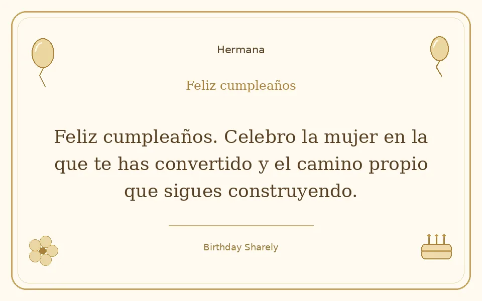 Tarjeta dorada — Hermana: Feliz cumpleaños. Celebro la mujer en la que te has convertido y el camino propio que sigues construyendo.