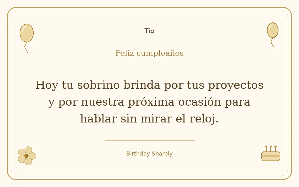 Tarjeta dorada — Tío: Hoy tu sobrino brinda por tus proyectos y por nuestra próxima ocasión para hablar sin mirar el reloj.