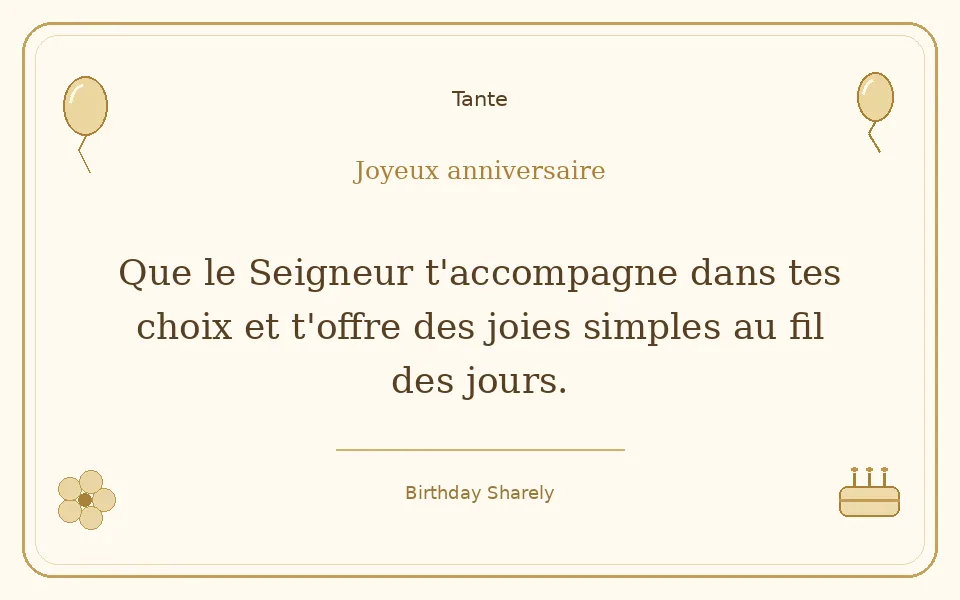 Carte dorée — Tante : Que le Seigneur t'accompagne dans tes choix et t'offre des joies simples au fil des jours.