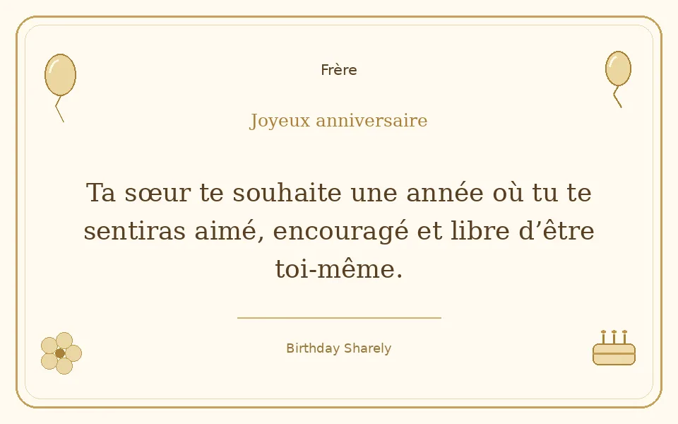 Carte dorée — Frère : Ta sœur te souhaite une année où tu te sentiras aimé, encouragé et libre d’être toi-même.