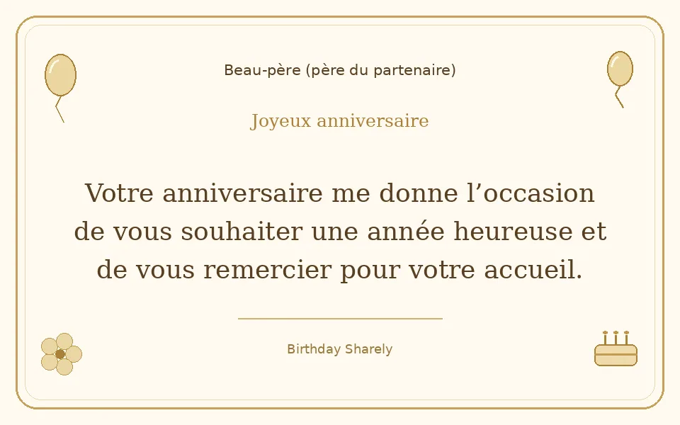 Carte dorée — Beau-père (père du partenaire) : Votre anniversaire me donne l’occasion de vous souhaiter une année heureuse et de vous remercier pour votre accueil.