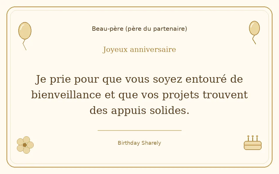 Carte dorée — Beau-père (père du partenaire) : Je prie pour que vous soyez entouré de bienveillance et que vos projets trouvent des appuis solides.
