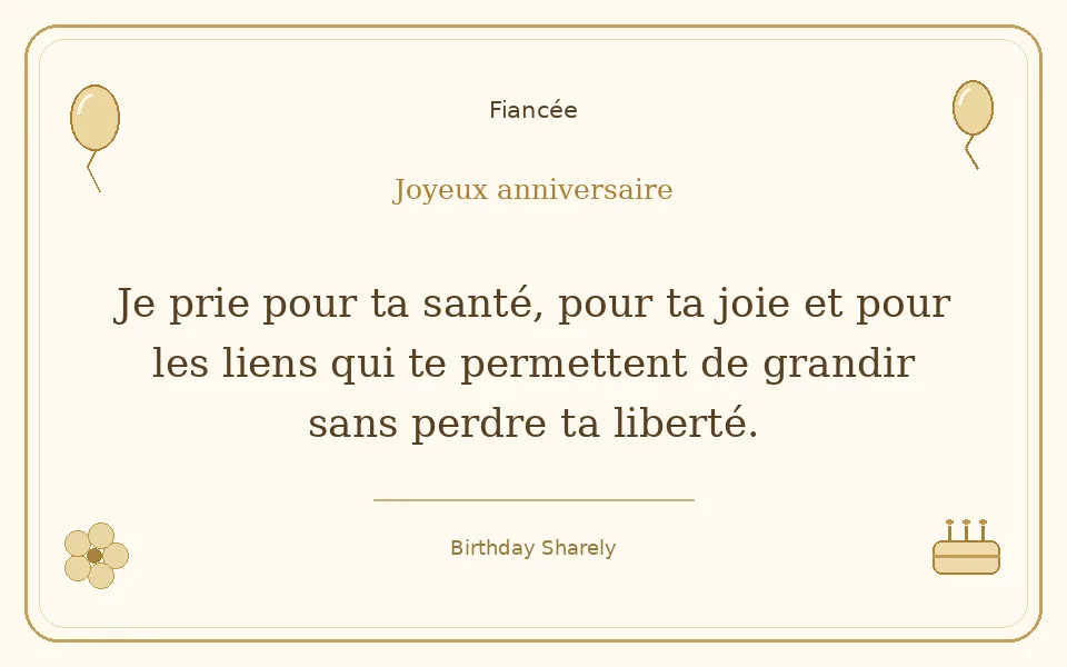 Carte dorée — Fiancée : Je prie pour ta santé, pour ta joie et pour les liens qui te permettent de grandir sans perdre ta liberté.