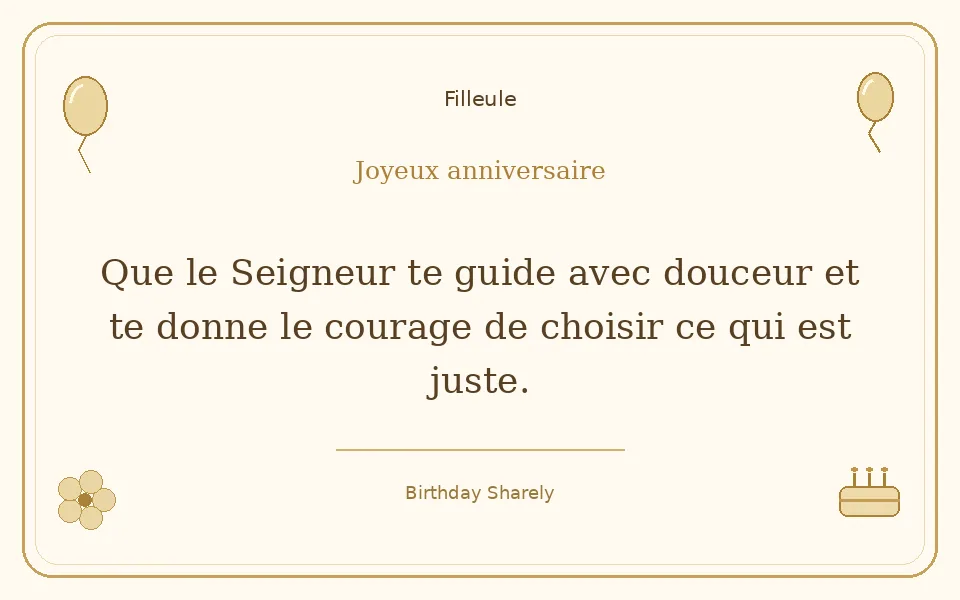 Carte dorée — Filleule : Que le Seigneur te guide avec douceur et te donne le courage de choisir ce qui est juste.