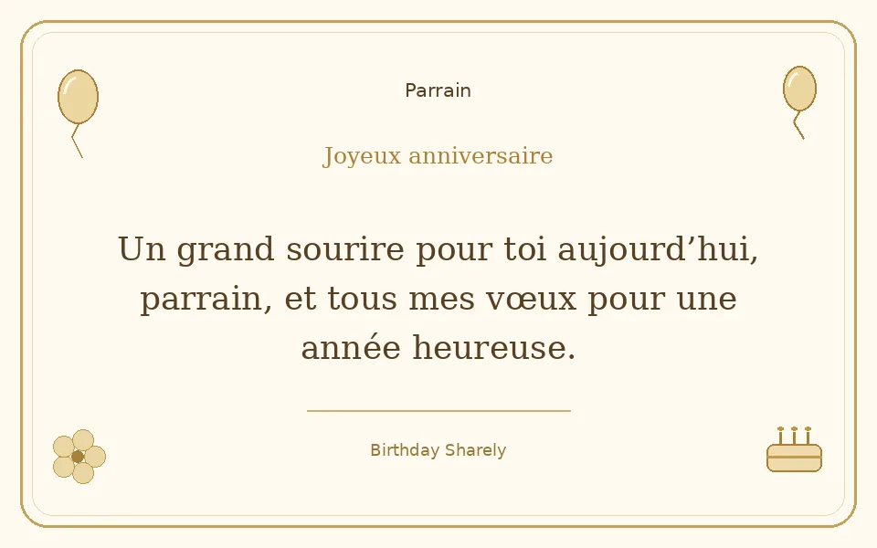 Carte dorée — Parrain : Un grand sourire pour toi aujourd’hui, parrain, et tous mes vœux pour une année heureuse.