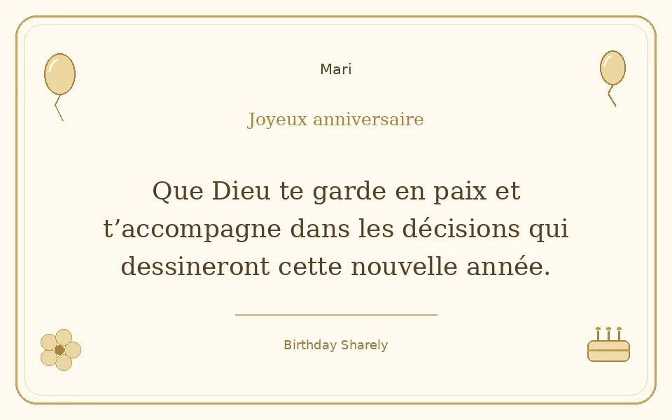Carte dorée — Mari : Que Dieu te garde en paix et t’accompagne dans les décisions qui dessineront cette nouvelle année.