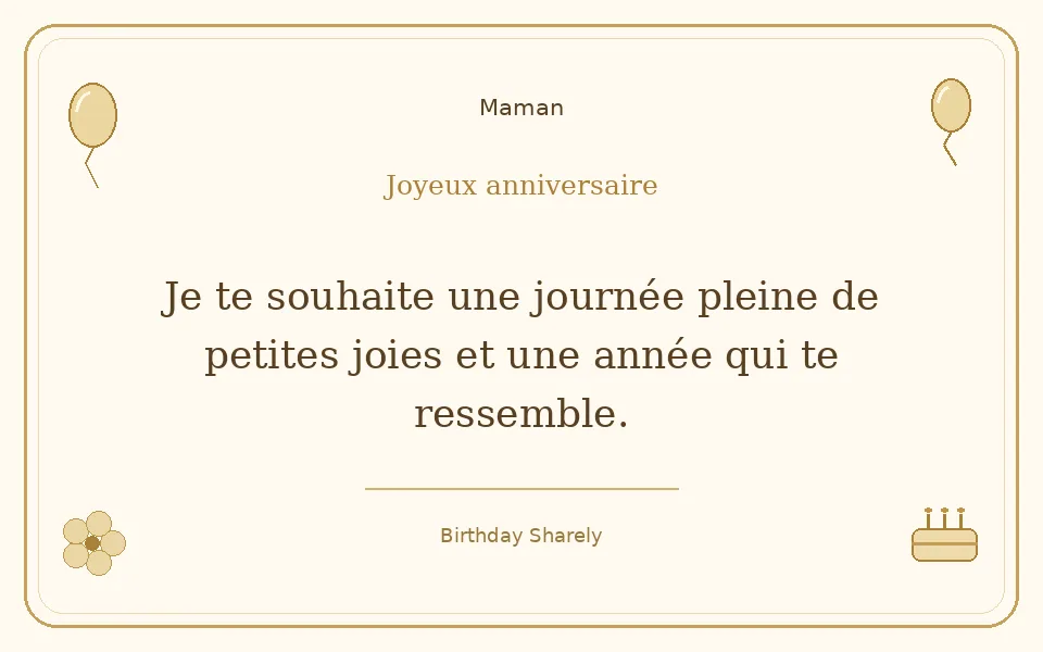 Carte dorée — Maman : Je te souhaite une journée pleine de petites joies et une année qui te ressemble.
