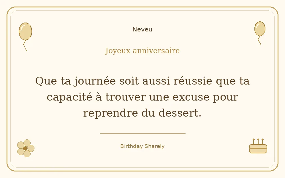 Carte dorée — Neveu : Que ta journée soit aussi réussie que ta capacité à trouver une excuse pour reprendre du dessert.