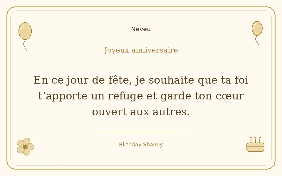 Carte dorée — Neveu : En ce jour de fête, je souhaite que ta foi t’apporte un refuge et garde ton cœur ouvert aux autres.