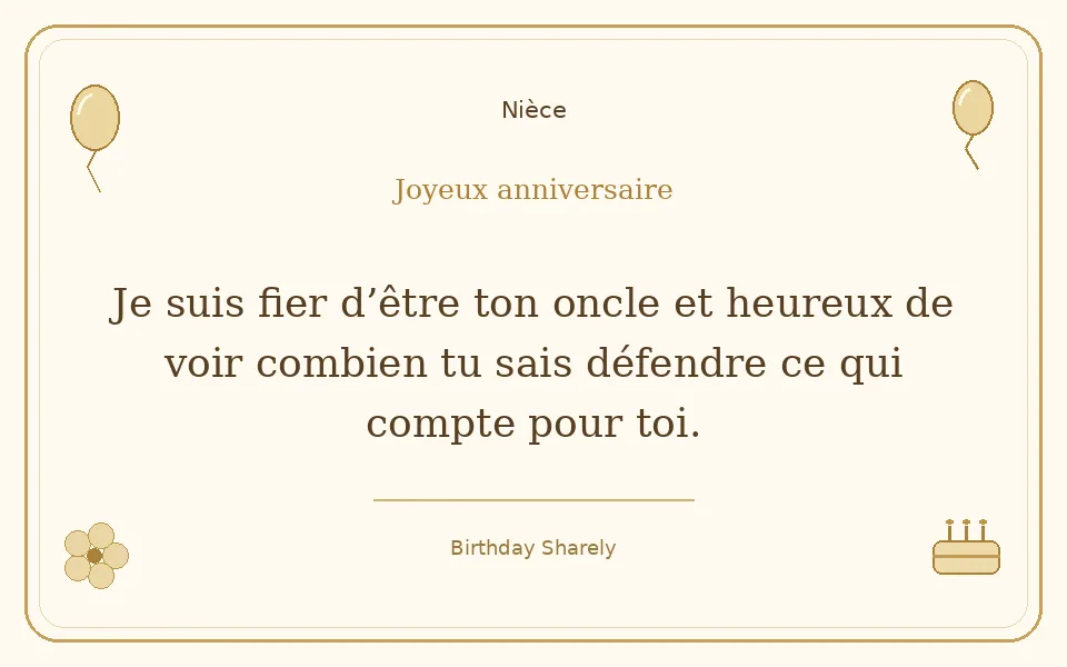 Carte dorée — Nièce : Je suis fier d’être ton oncle et heureux de voir combien tu sais défendre ce qui compte pour toi.