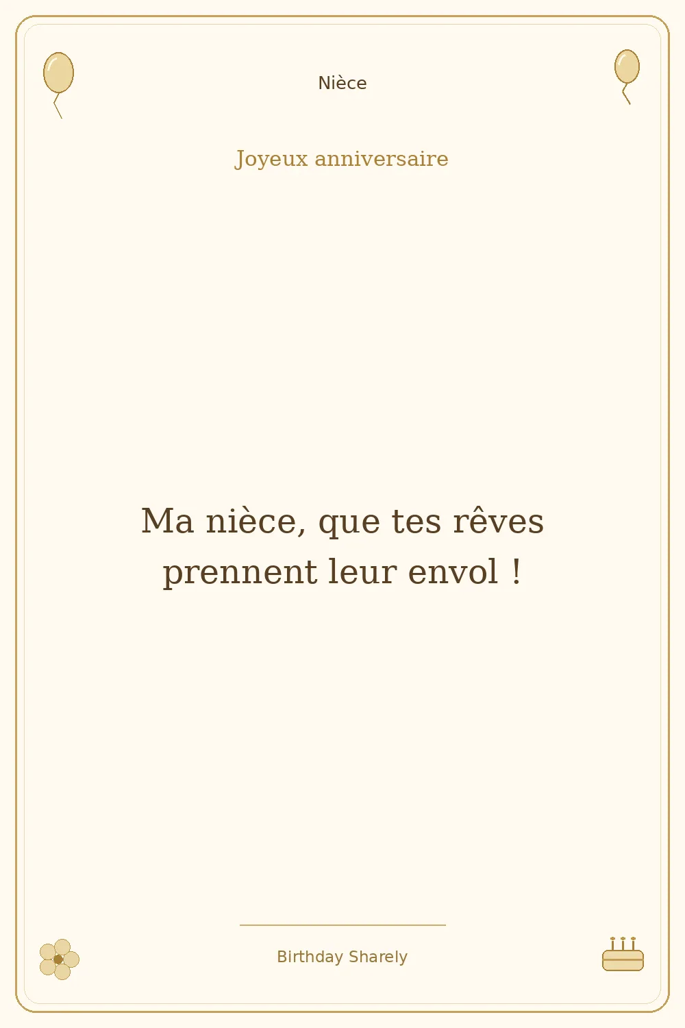 Carte dorée — Nièce : Ma nièce, que tes rêves prennent leur envol !
