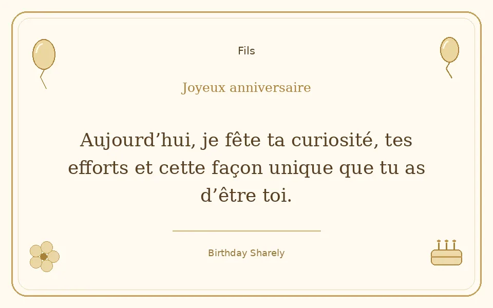 Carte dorée — Fils : Aujourd’hui, je fête ta curiosité, tes efforts et cette façon unique que tu as d’être toi.