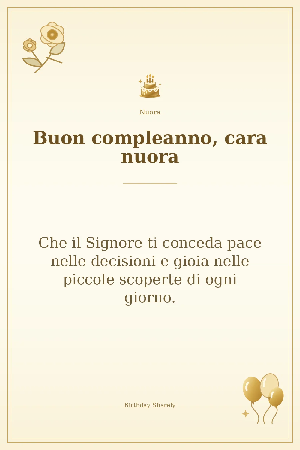 Biglietto dorato: Nuora; scritta «Buon compleanno, cara nuora» e augurio di questa sezione.
