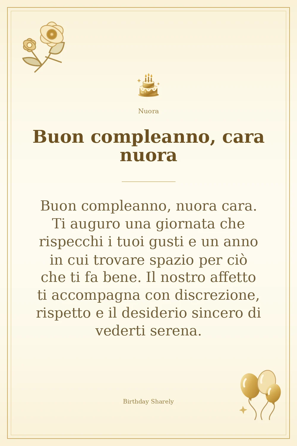 Biglietto dorato: Nuora; scritta «Buon compleanno, cara nuora» e augurio di questa sezione.