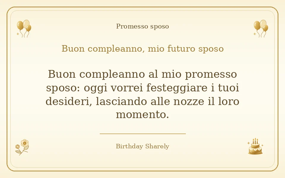 Biglietto dorato: Promesso sposo; scritta «Buon compleanno, mio futuro sposo» e augurio di questa sezione.