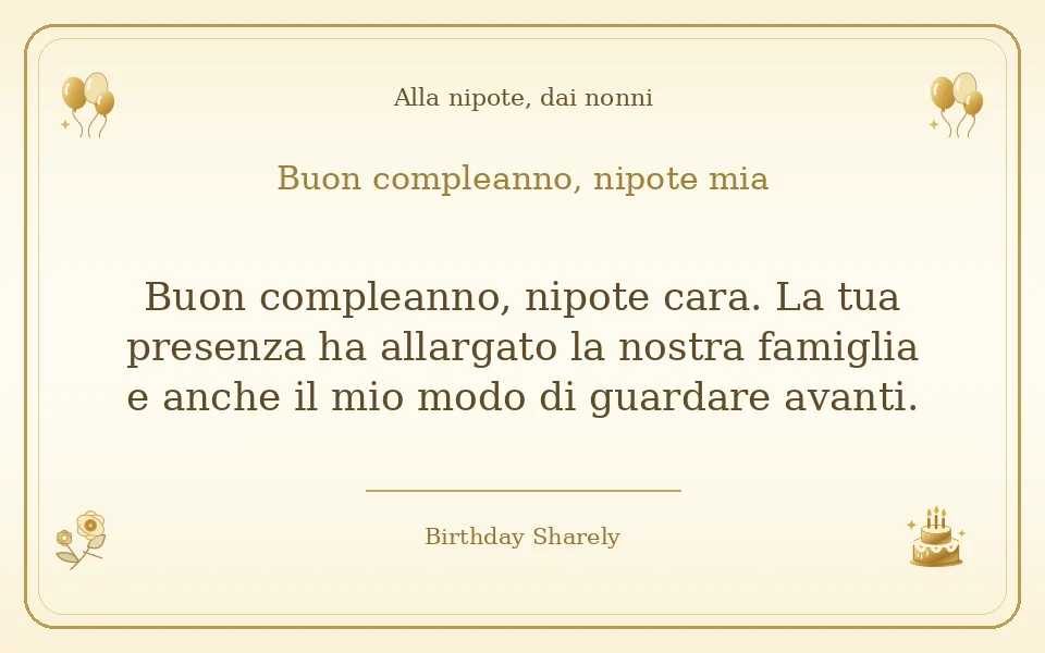 Biglietto dorato: Alla nipote, dai nonni; scritta «Buon compleanno, nipote mia» e augurio di questa sezione.