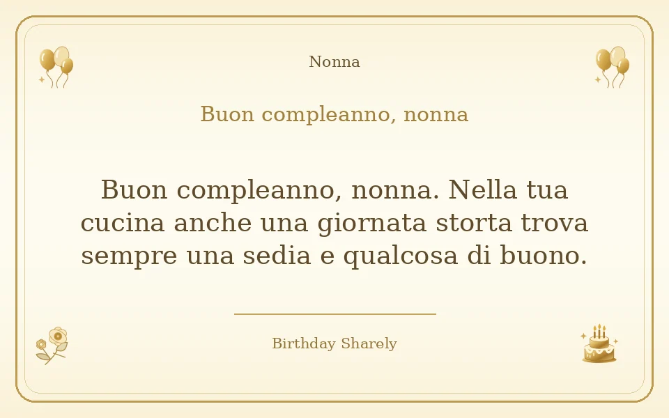 Biglietto dorato: Nonna; scritta «Buon compleanno, nonna» e augurio di questa sezione.