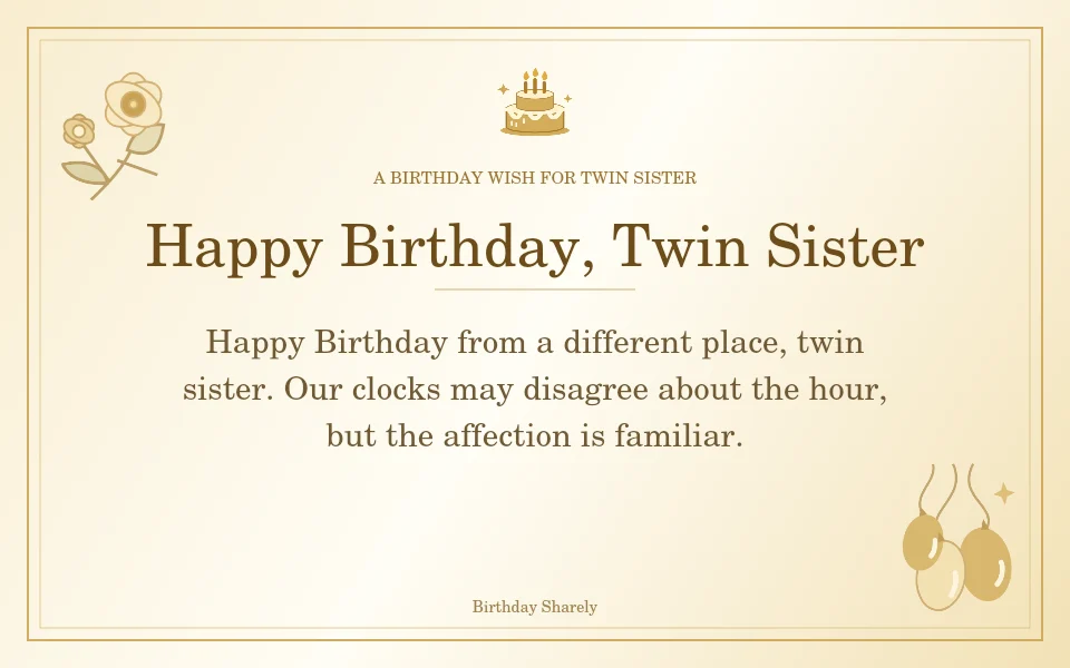 Gold birthday greeting for Twin Sister: Birthday wishes for a twin sister far away.