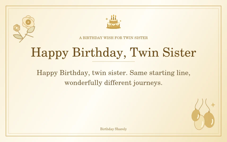 Gold birthday greeting for Twin Sister: Short birthday wishes for a twin sister.