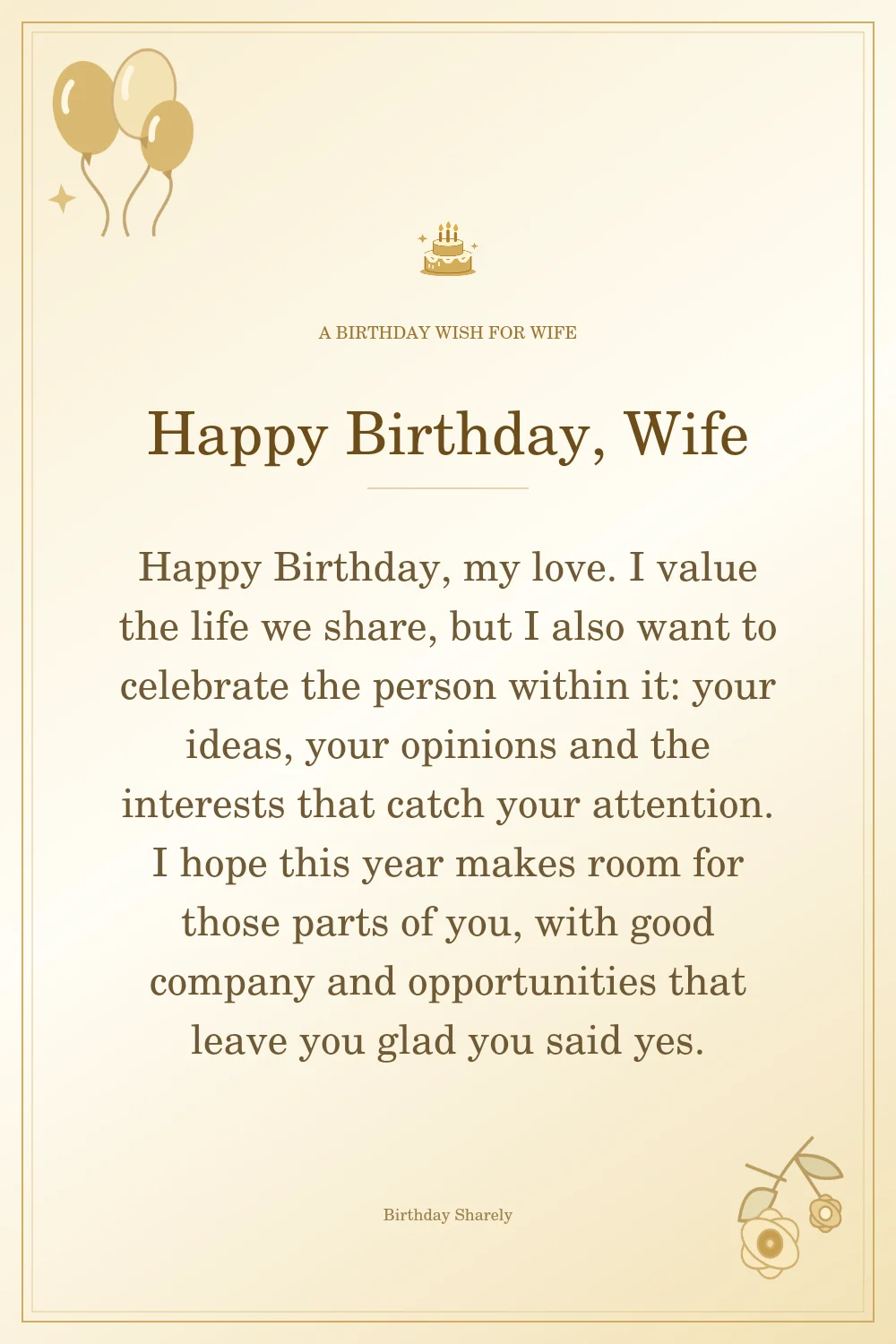 Gold birthday greeting for Wife: Longer birthday messages for your wife.