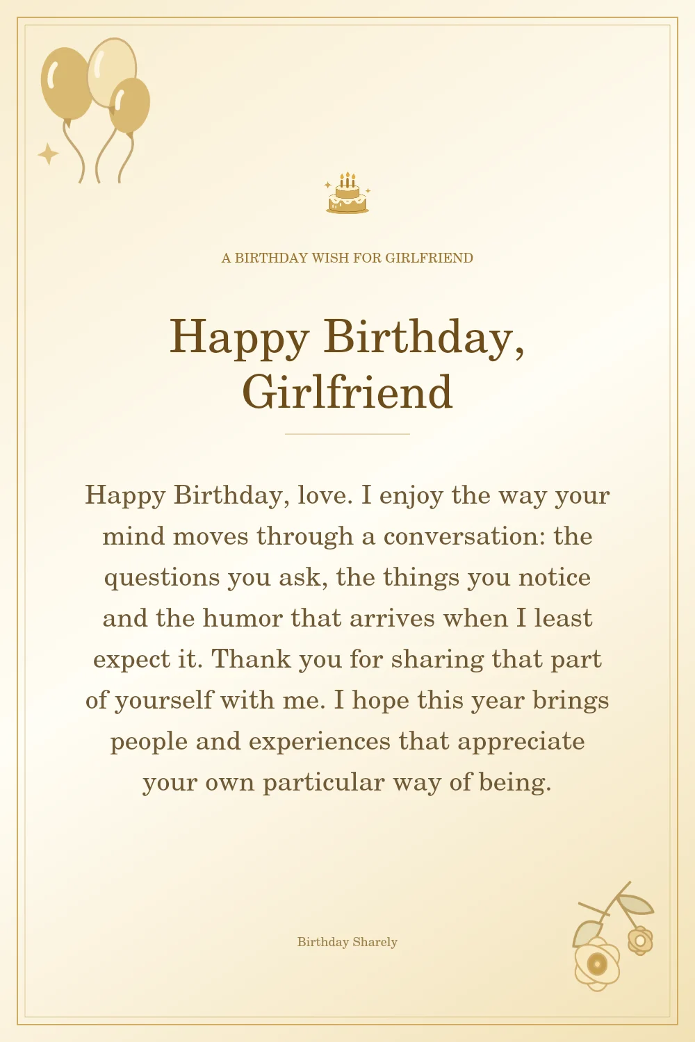 Gold birthday greeting for Girlfriend: Longer birthday messages for your girlfriend.