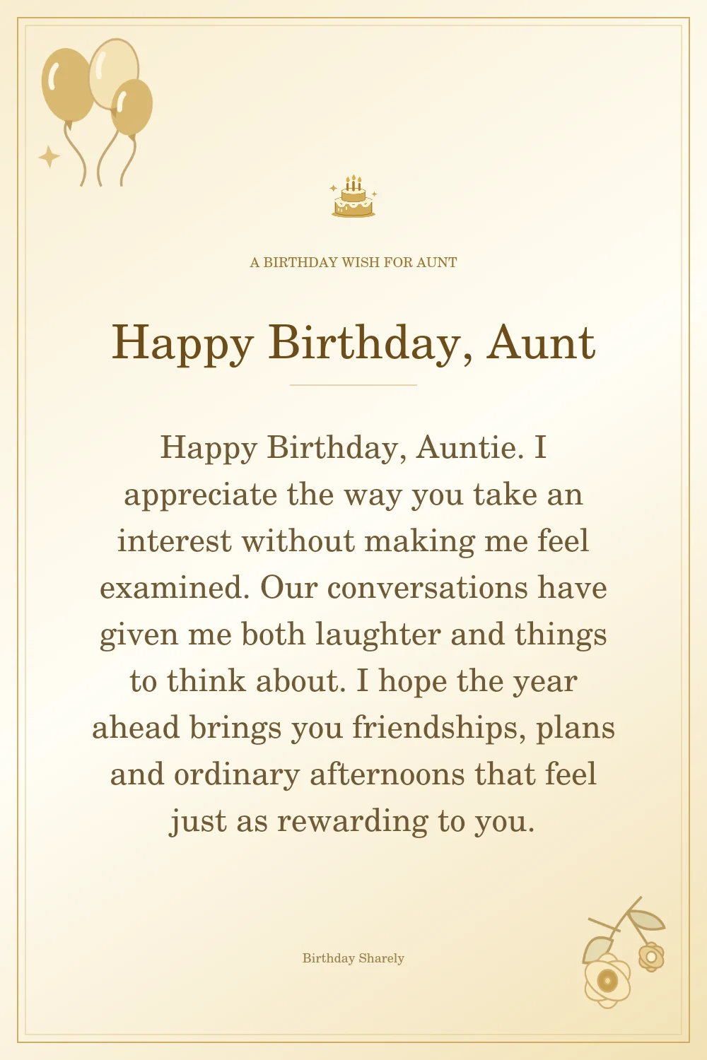 Gold birthday greeting for Aunt: Longer birthday card messages for your aunt.