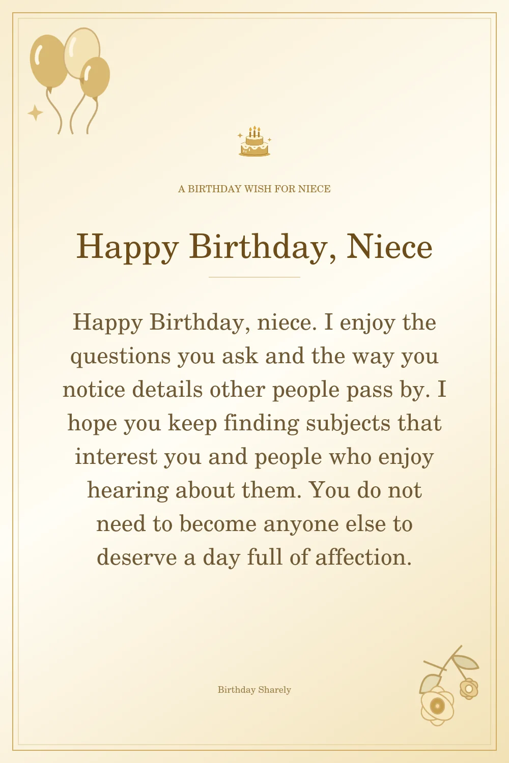 Gold birthday greeting for Niece: Longer birthday card messages for your niece.