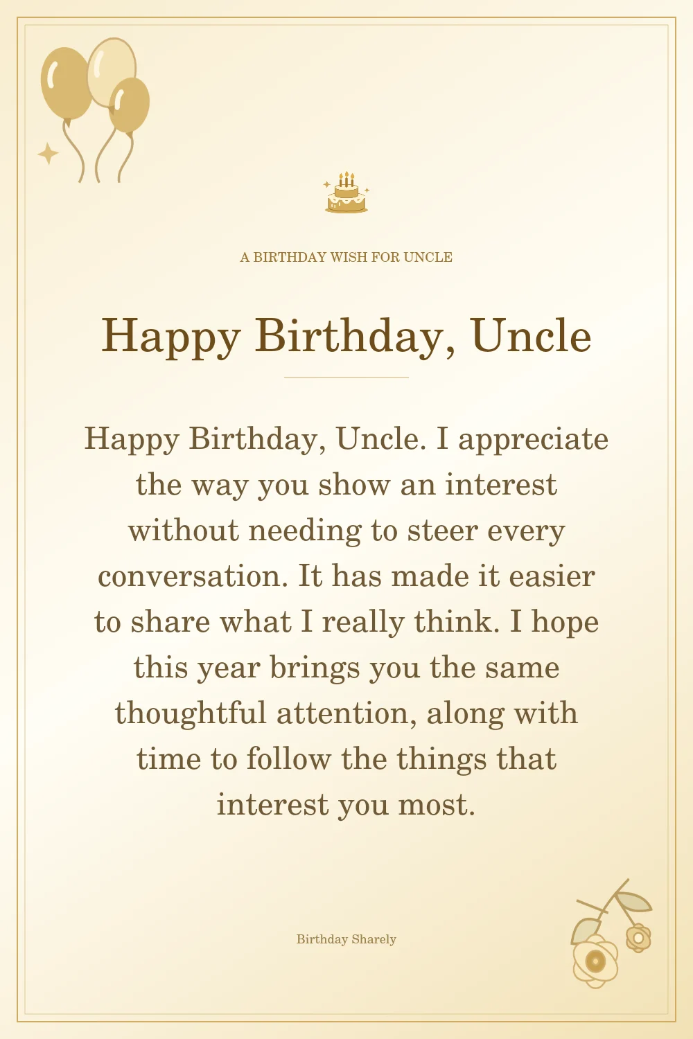 Gold birthday greeting for Uncle: Longer birthday card messages for your uncle.