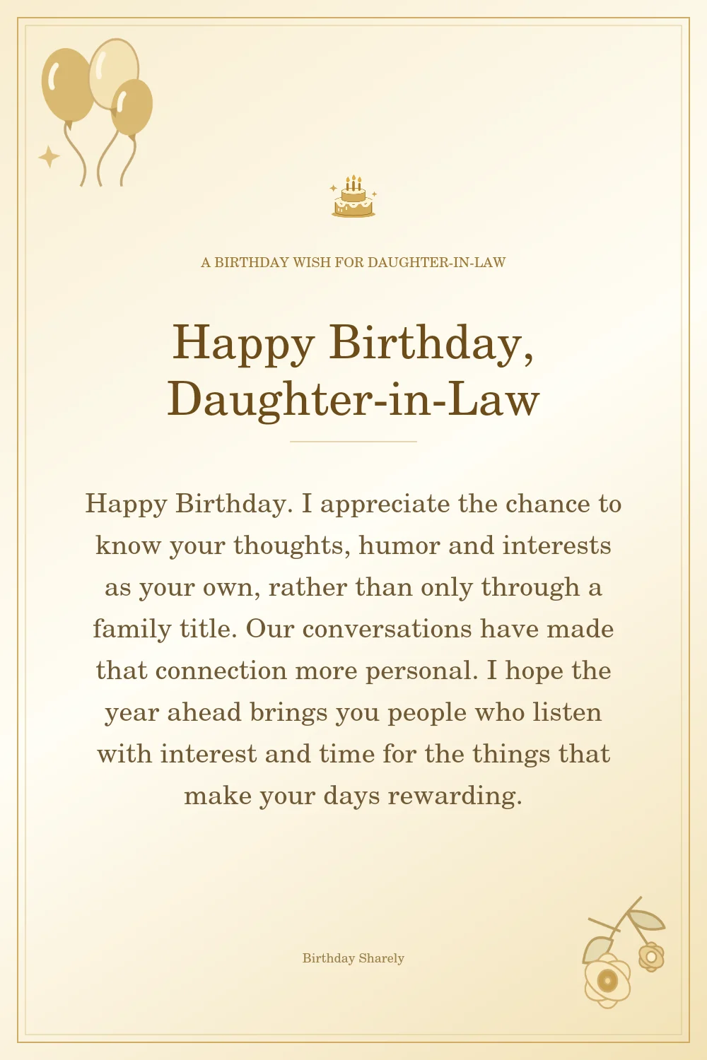 Gold birthday greeting for Daughter-in-Law: Longer birthday card messages for your daughter-in-law.