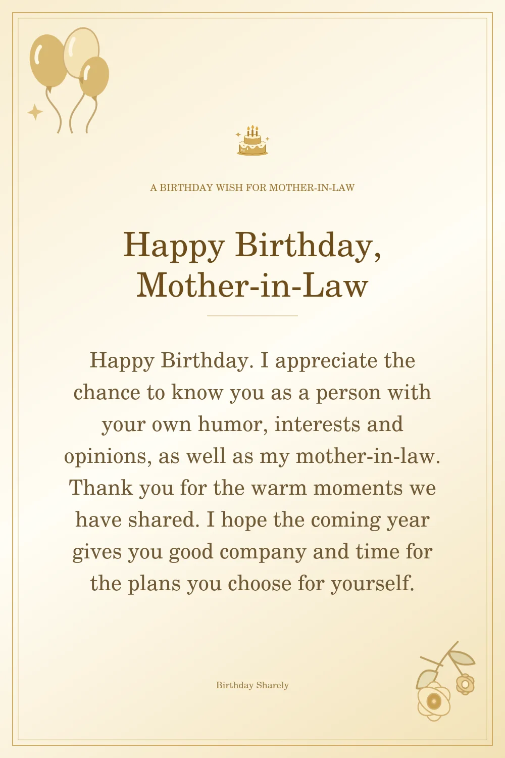 Gold birthday greeting for Mother-in-Law: Longer birthday card messages for your mother-in-law.