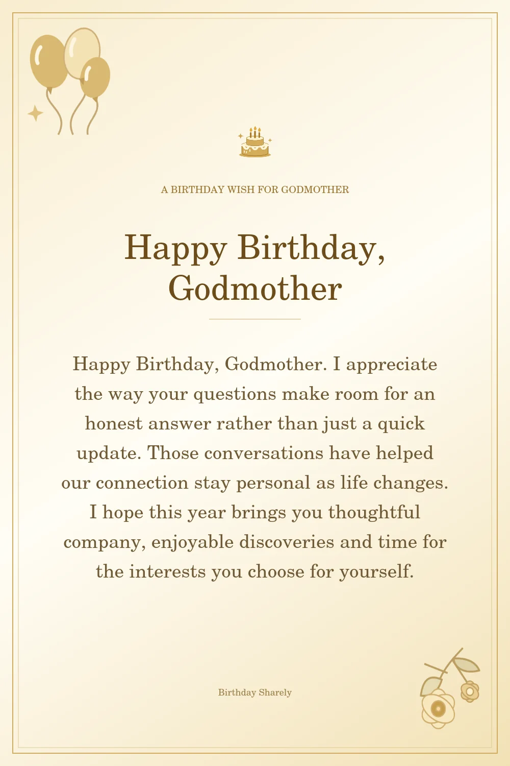 Gold birthday greeting for Godmother: Longer birthday card messages for your godmother.