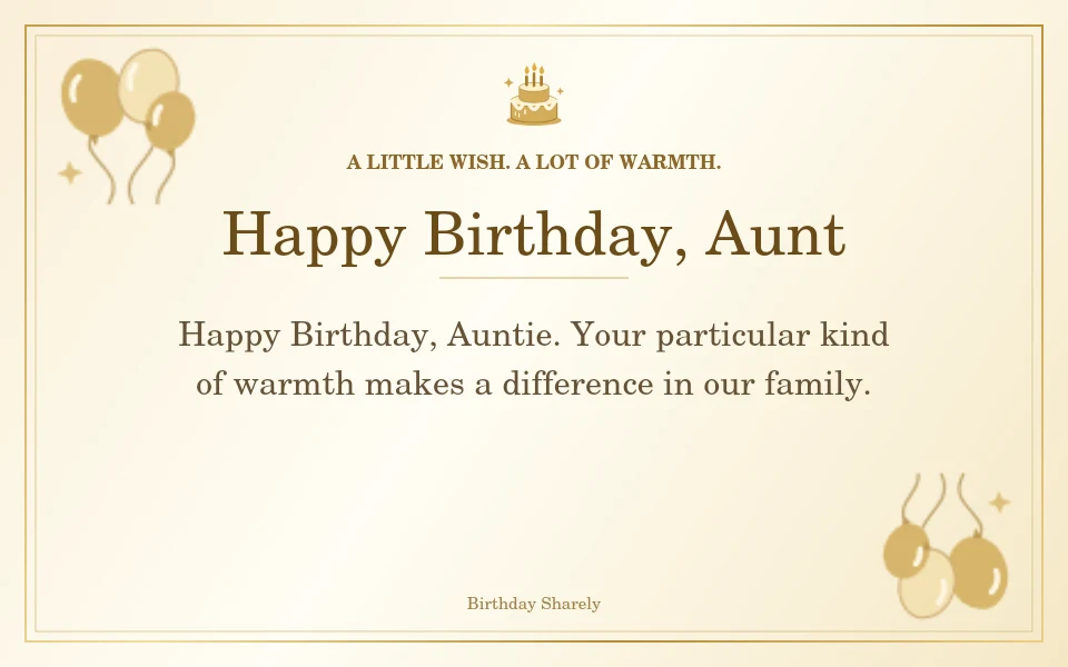 Gold birthday card reading “Happy Birthday, Aunt”.