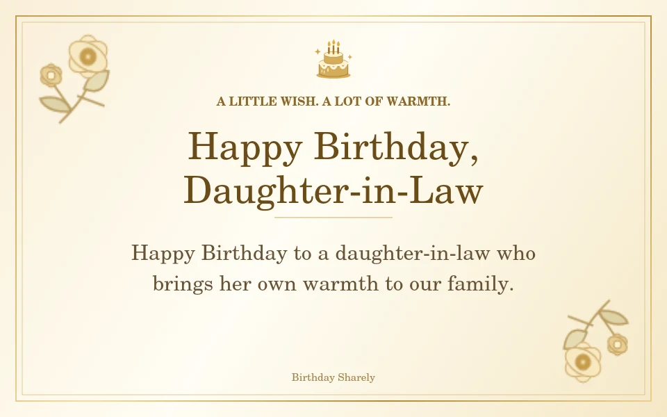 Gold birthday card reading “Happy Birthday, Daughter-in-Law”.