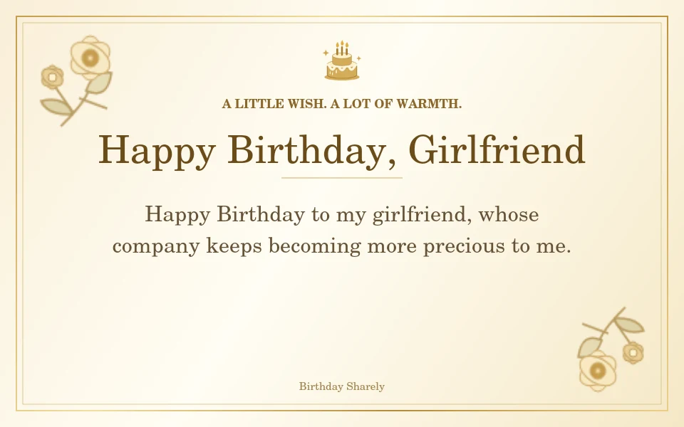 Gold birthday card reading “Happy Birthday, Girlfriend”.
